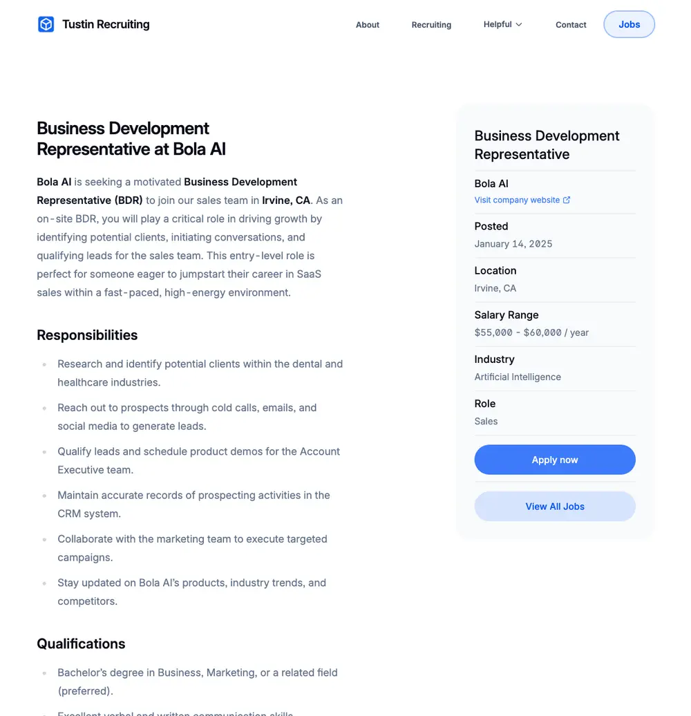 Tustin Recruiting job board platform screenshot showing job search interface