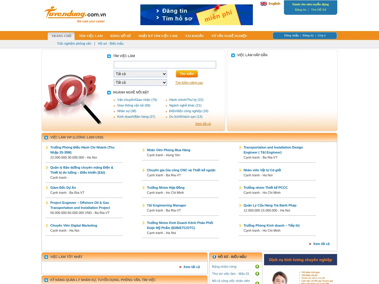 Tuyendung.com.vn job board platform screenshot showing job search interface