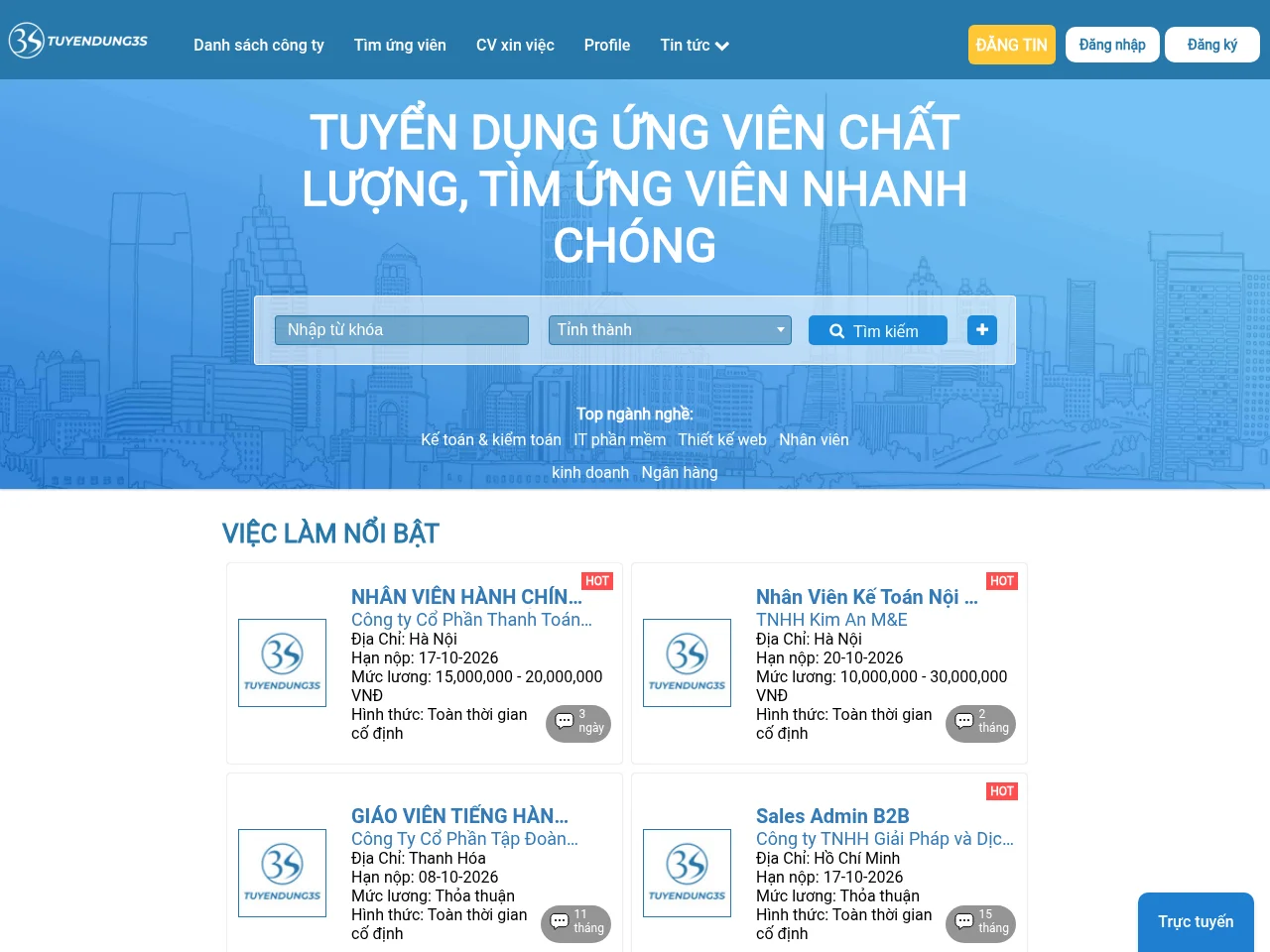 Tuyendung3s.com job board platform screenshot showing job search interface