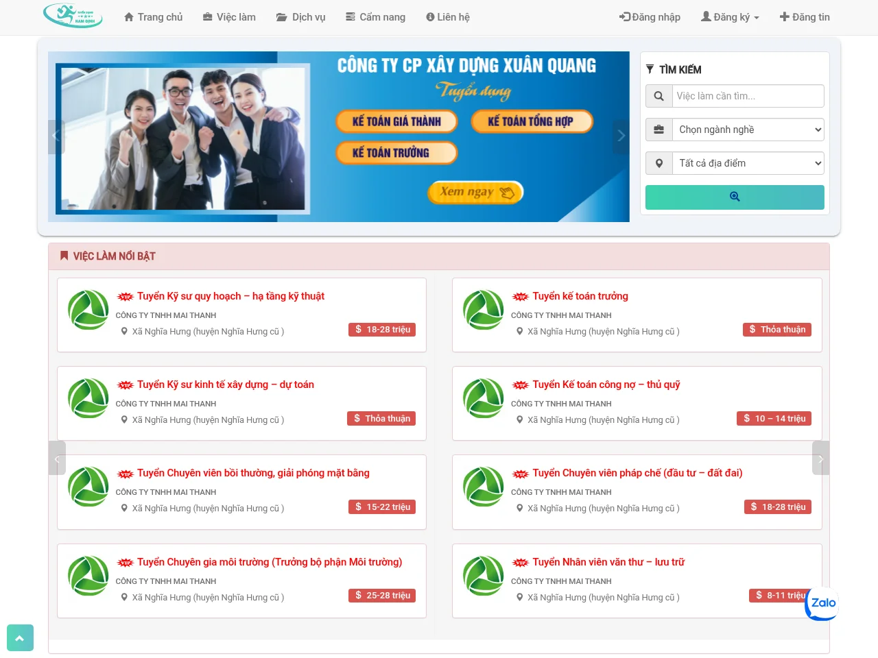 Tuyển dụng Nam Định job board platform screenshot showing job search interface