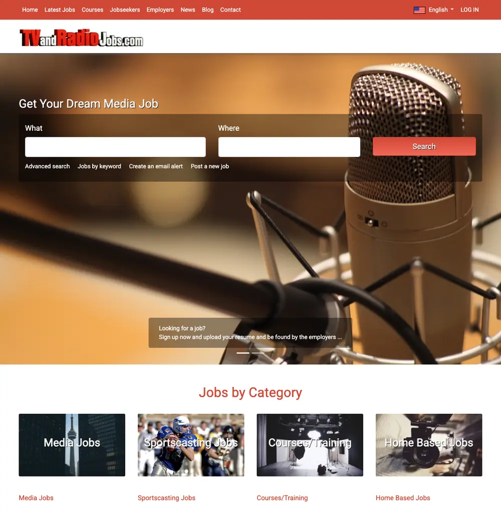 TV and Radio Jobs job board platform screenshot showing job search interface