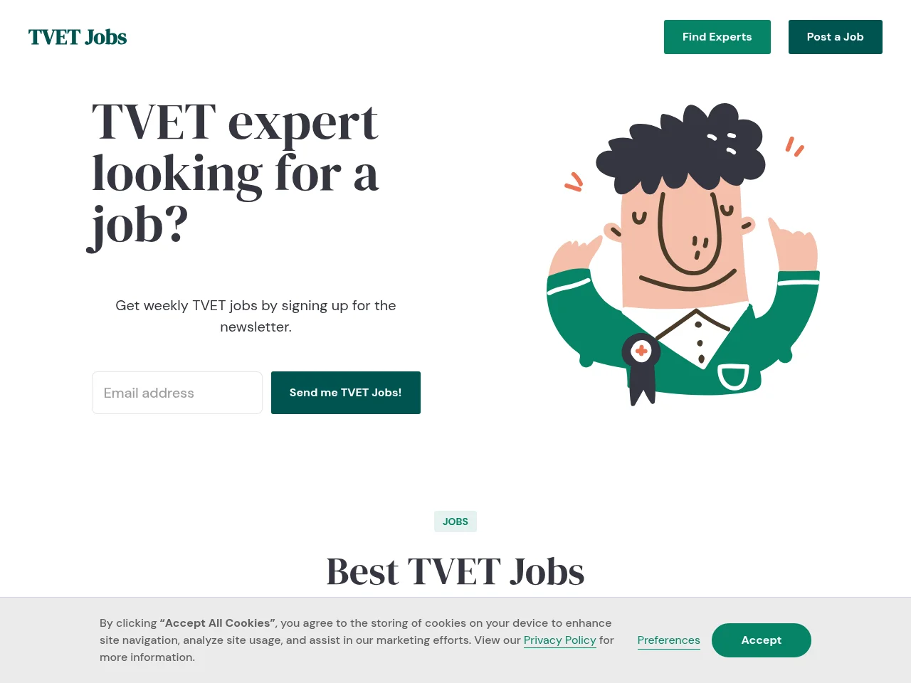 TVET Jobs job board platform screenshot showing job search interface