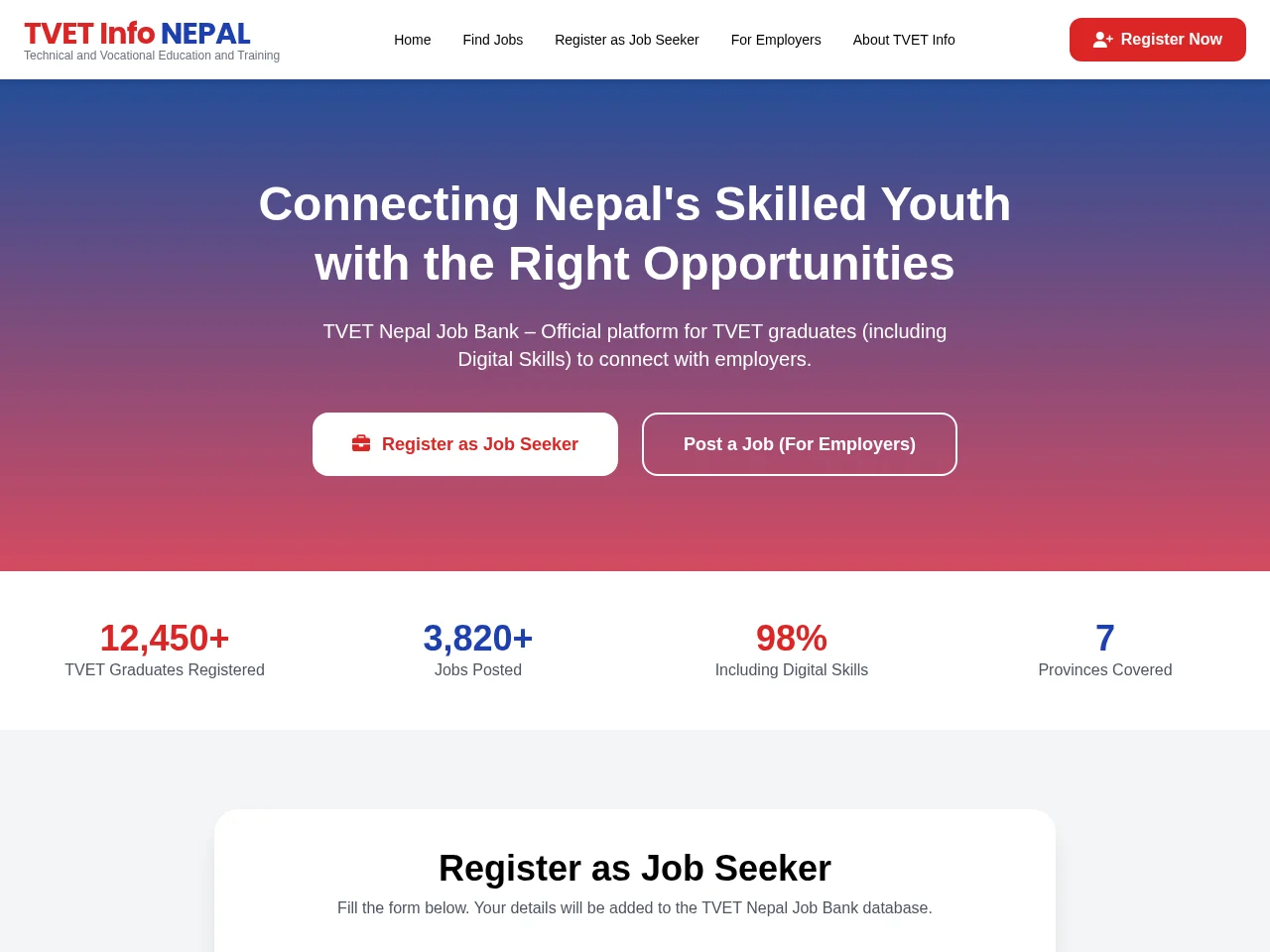 TVET Nepal Info | Job Bank job board platform screenshot showing job search interface