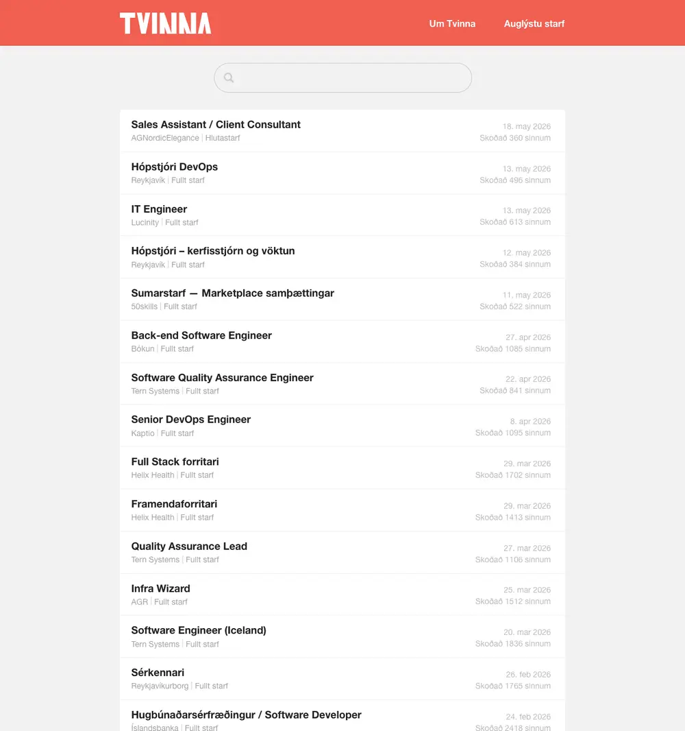 Tvinna job board platform screenshot showing job search interface