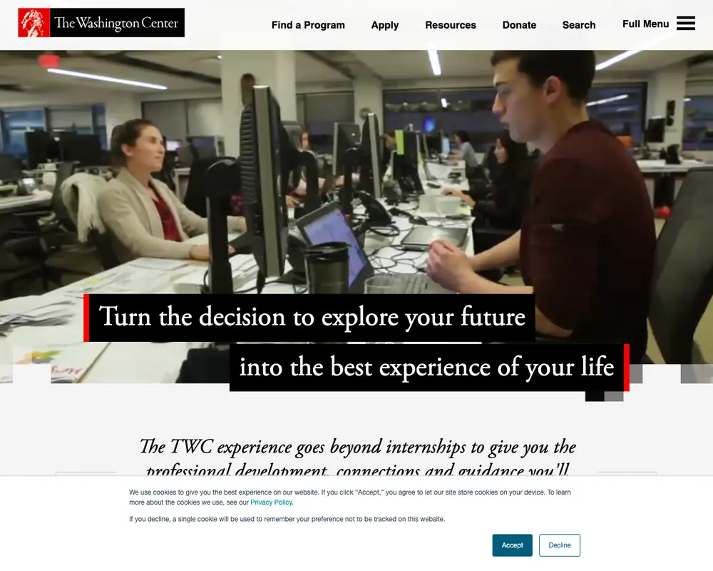 The Washington Center job board platform screenshot showing job search interface