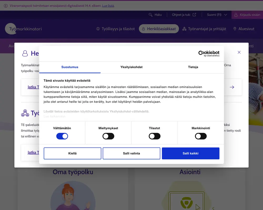 Työmarkkinatori job board platform screenshot showing job search interface