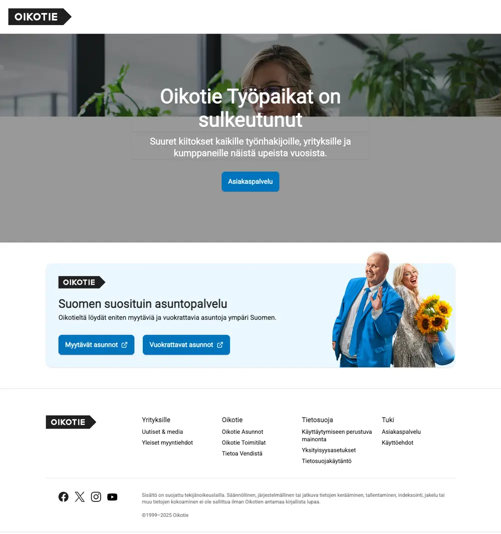 Oikotie screenshot Oikotie job board platform screenshot showing job search interface