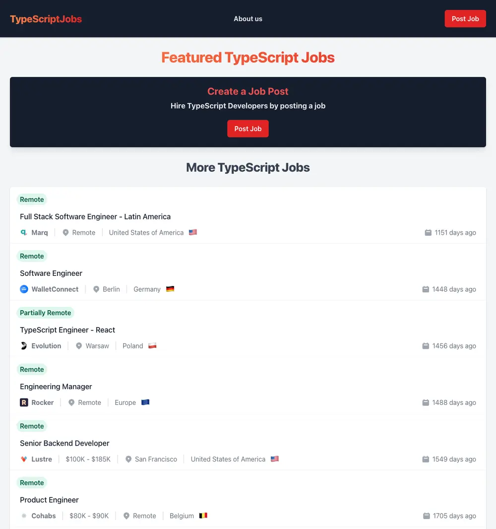 TypeScriptJobs.dev screenshot TypeScriptJobs.dev job board platform screenshot showing job search interface
