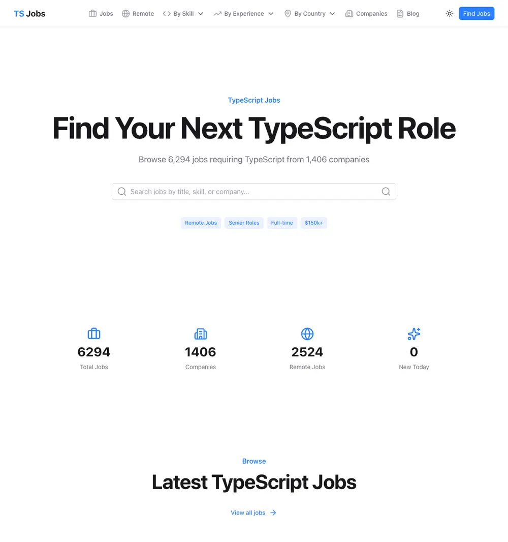 typescriptjobs.net job board platform screenshot showing job search interface