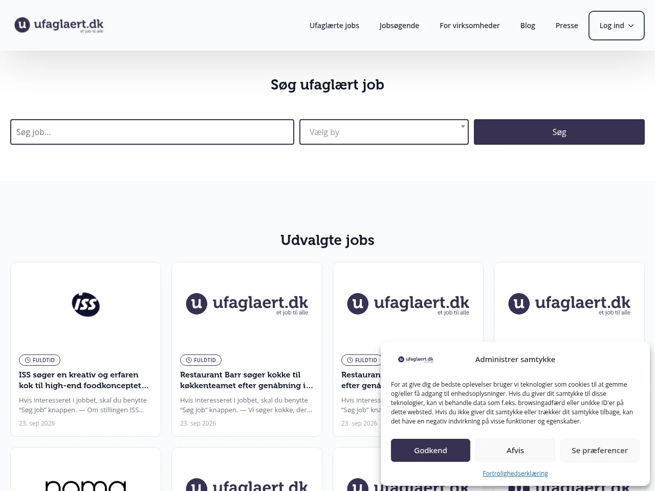 Ufaglaert.dk job board platform screenshot showing job search interface