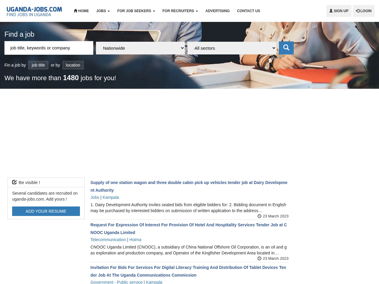 Uganda Jobs job board platform screenshot showing job search interface