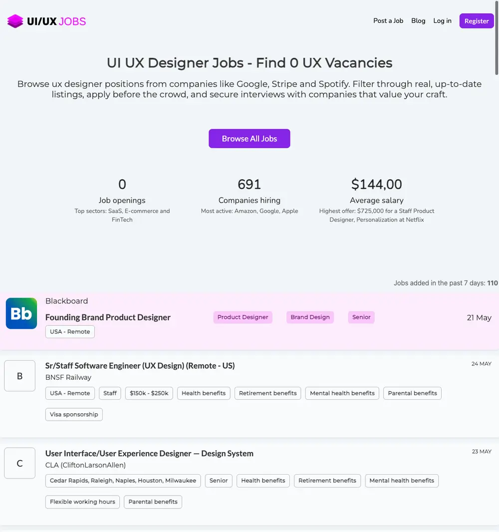 UI UX Designer Jobs job board platform screenshot showing job search interface