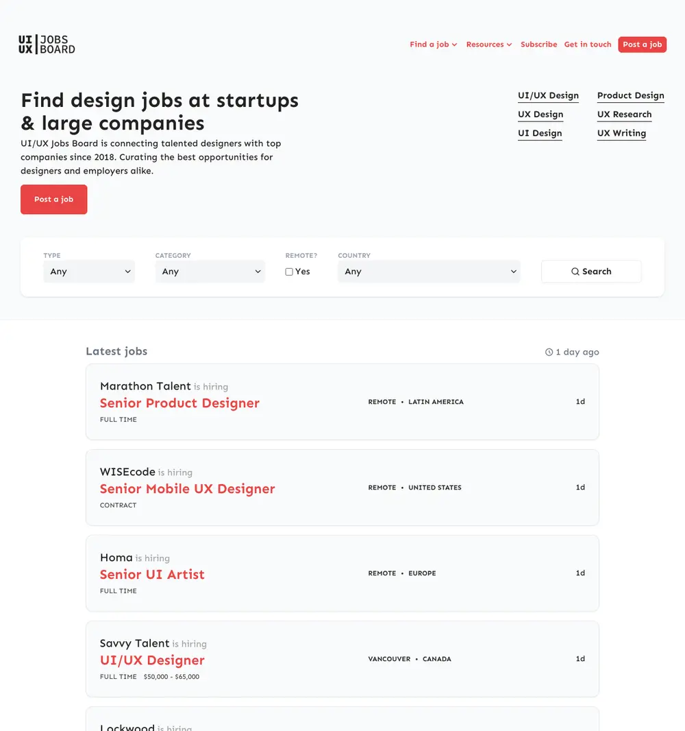 UI/UX Jobs Board job board platform screenshot showing job search interface