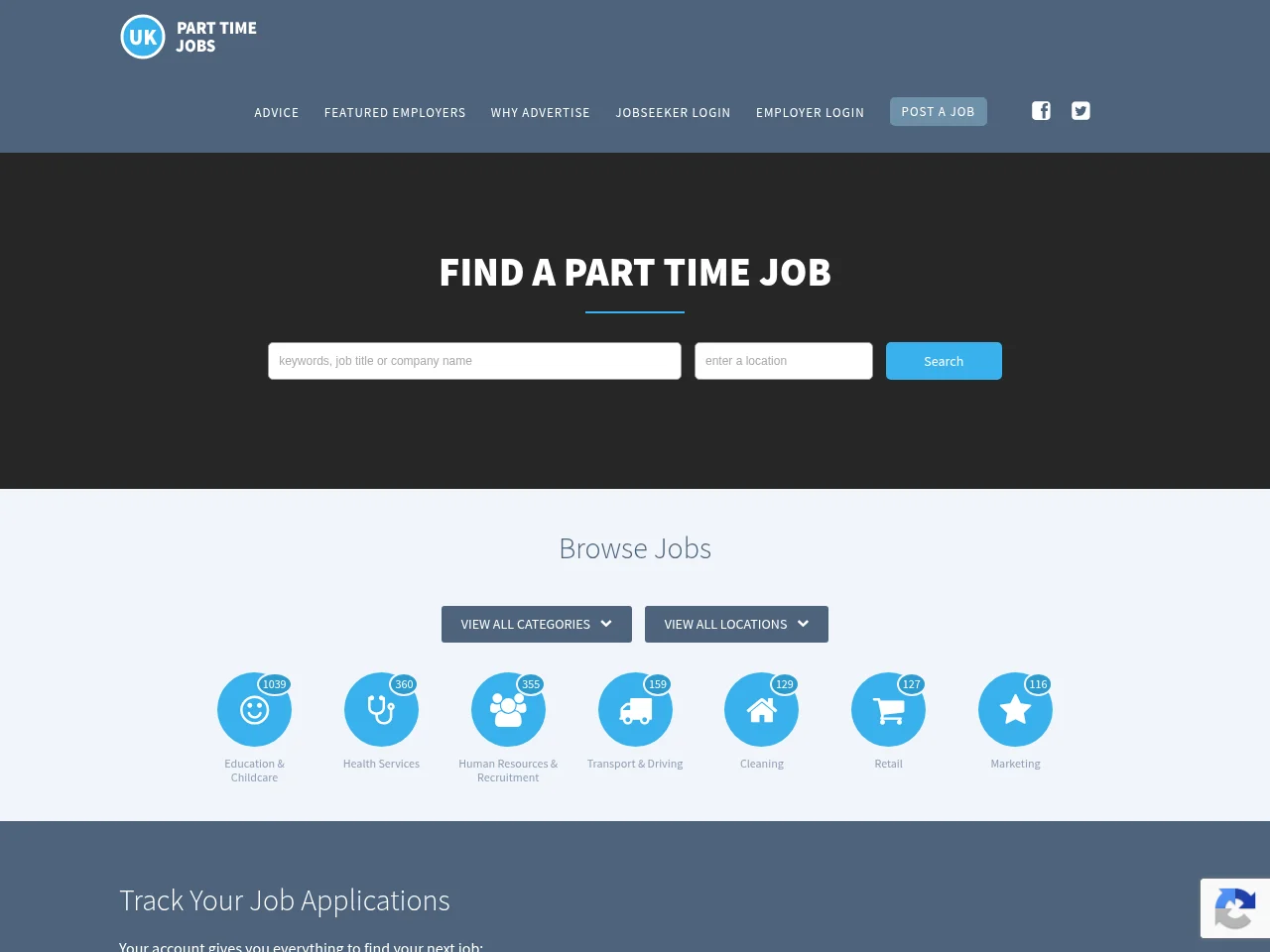 UK Part Time Jobs job board platform screenshot showing job search interface