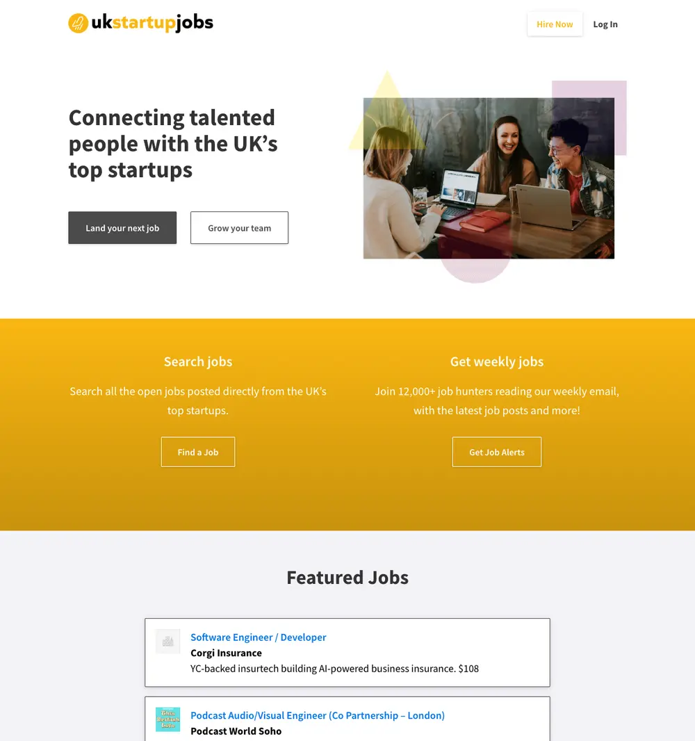 UK Startup Jobs job board platform screenshot showing job search interface