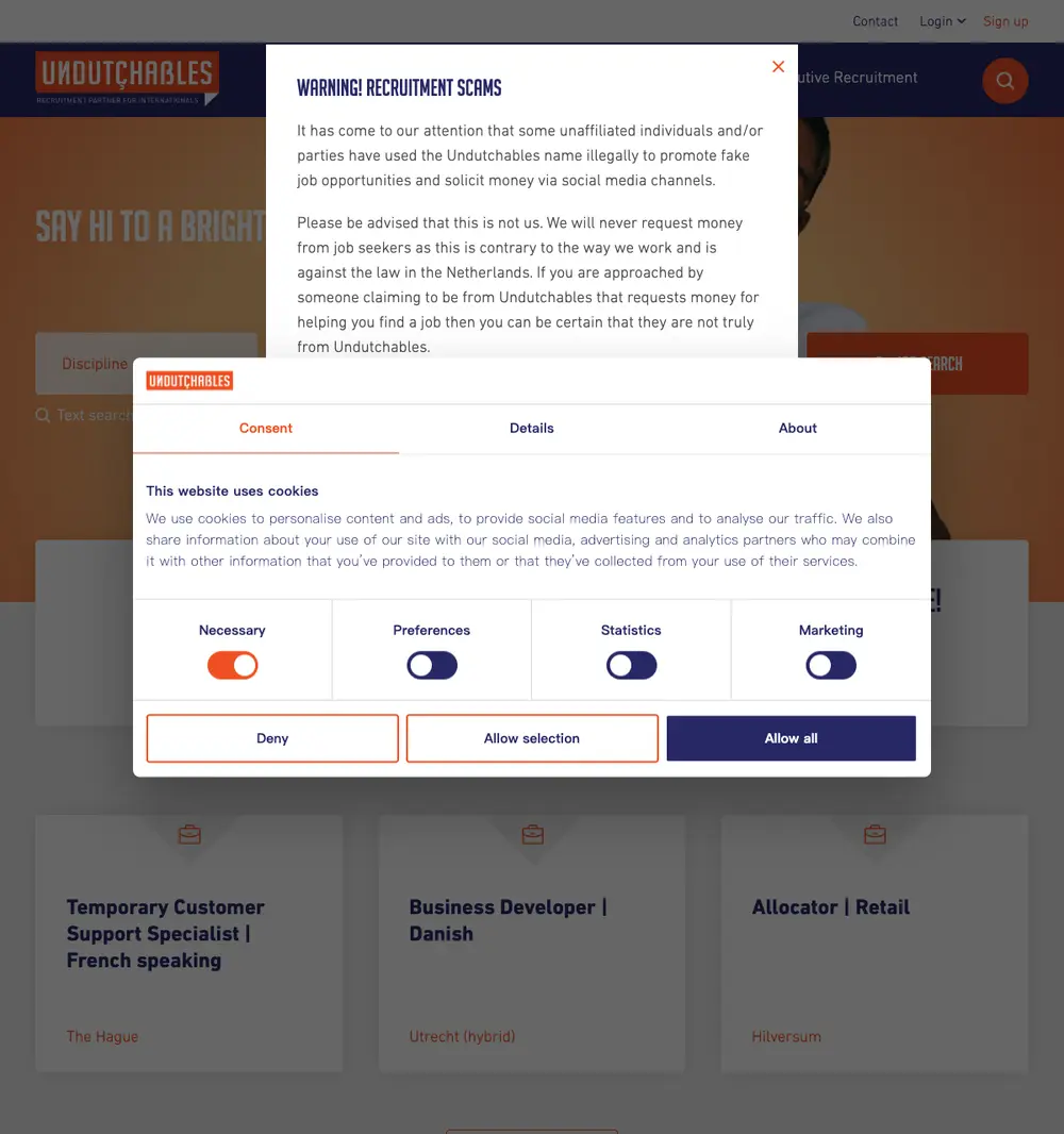 Undutchables job board platform screenshot showing job search interface
