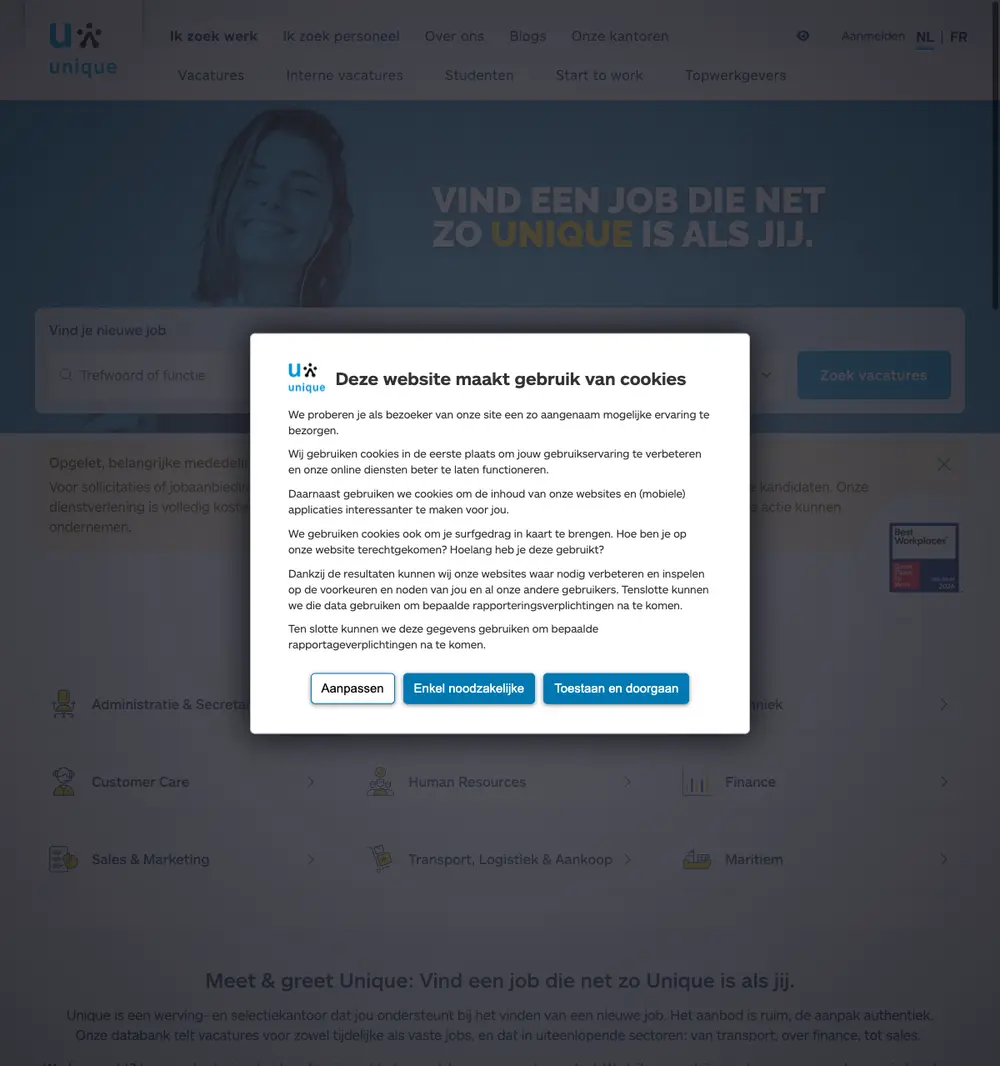 Unique job board platform screenshot showing job search interface
