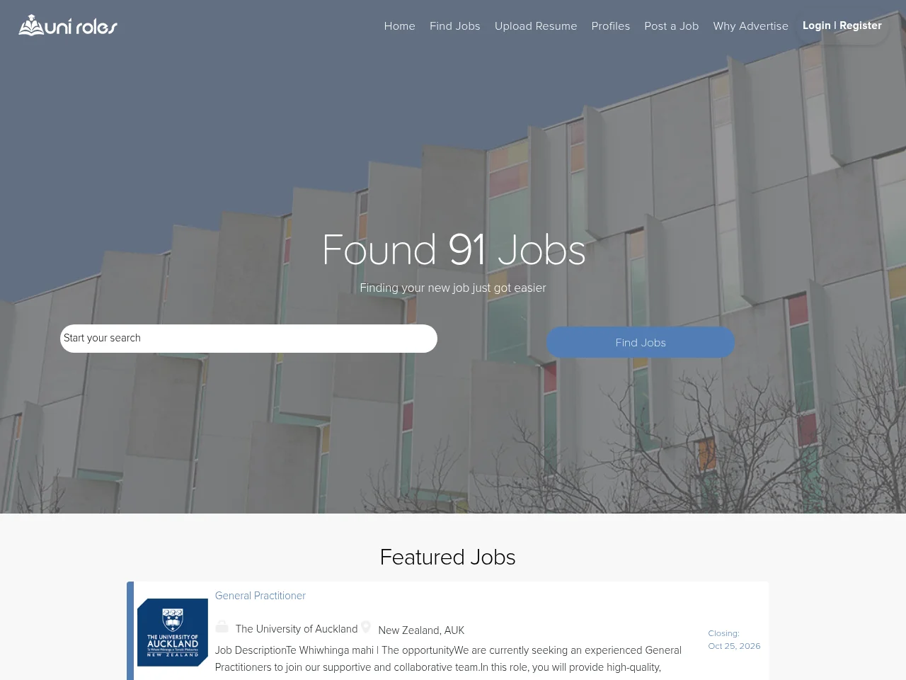 Uni Roles NZ job board platform screenshot showing job search interface
