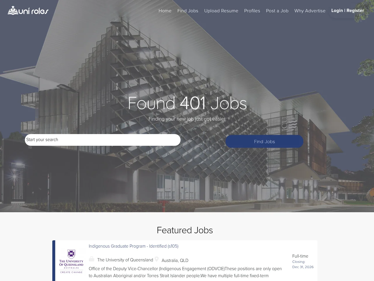 Uni Roles Australia screenshot Uni Roles Australia job board platform screenshot showing job search interface