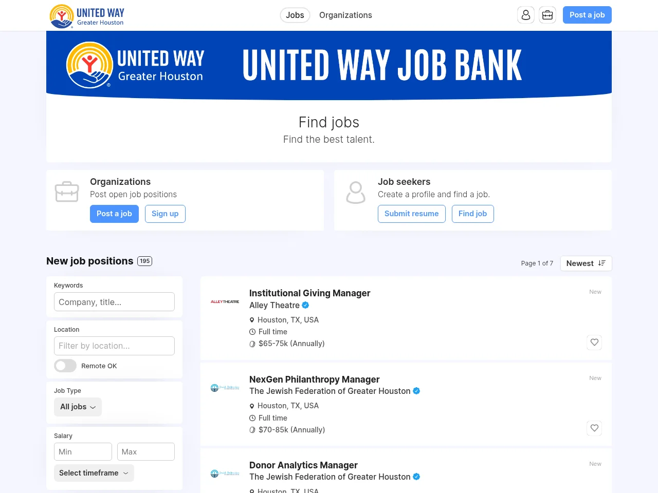 United Way Job Bank job board platform screenshot showing job search interface