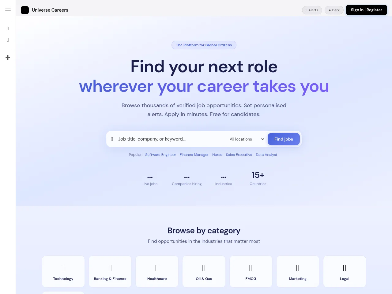 Universe Careers job board platform screenshot showing job search interface