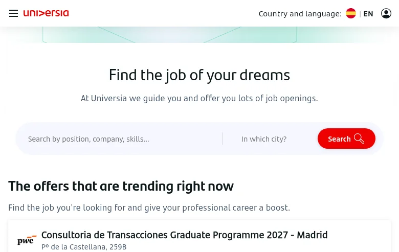 Universia screenshot Universia job board platform screenshot showing job search interface