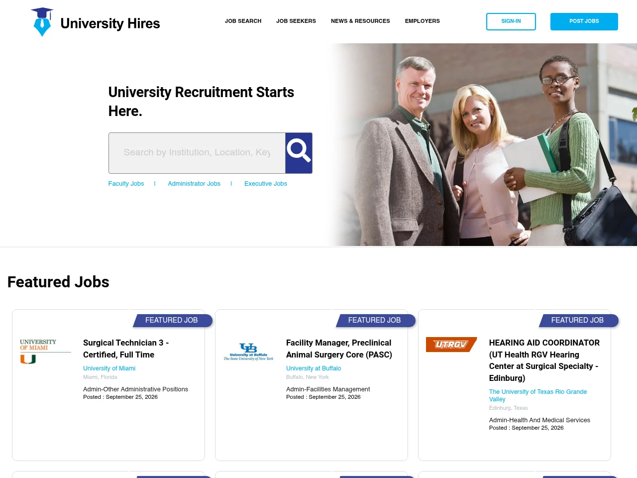 University Hires job board platform screenshot showing job search interface