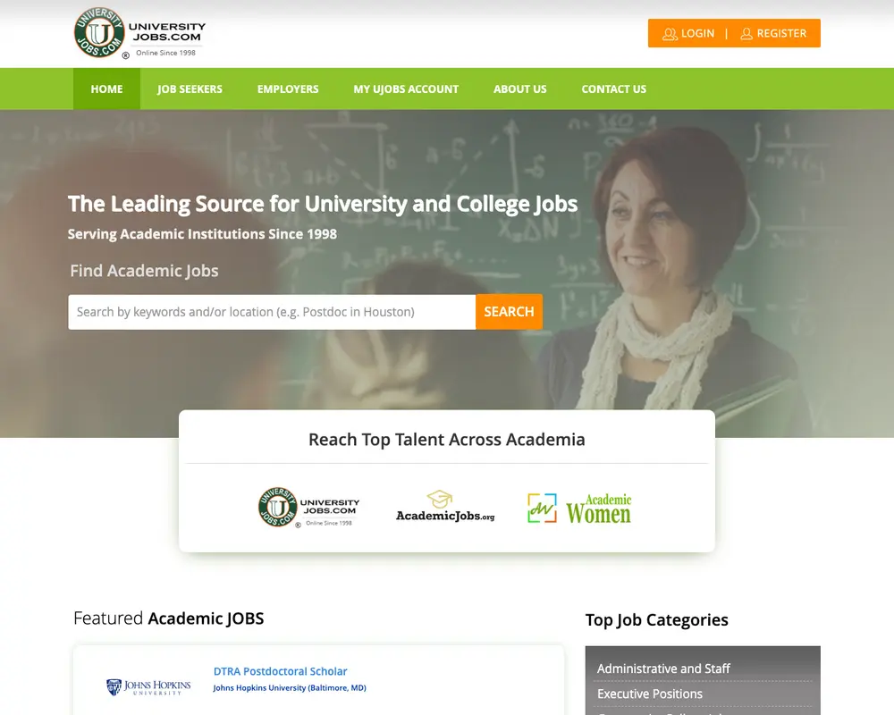 University Jobs.com job board platform screenshot showing job search interface