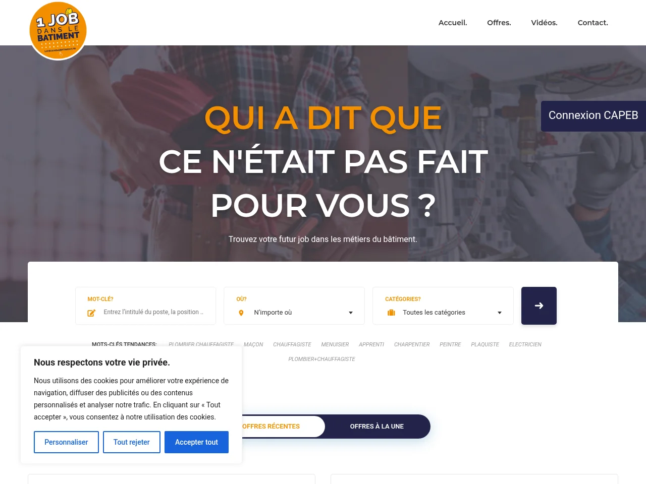 Un Job dans le bâtiment job board platform screenshot showing job search interface