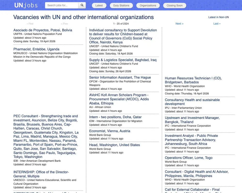 UNjobs job board platform screenshot showing job search interface