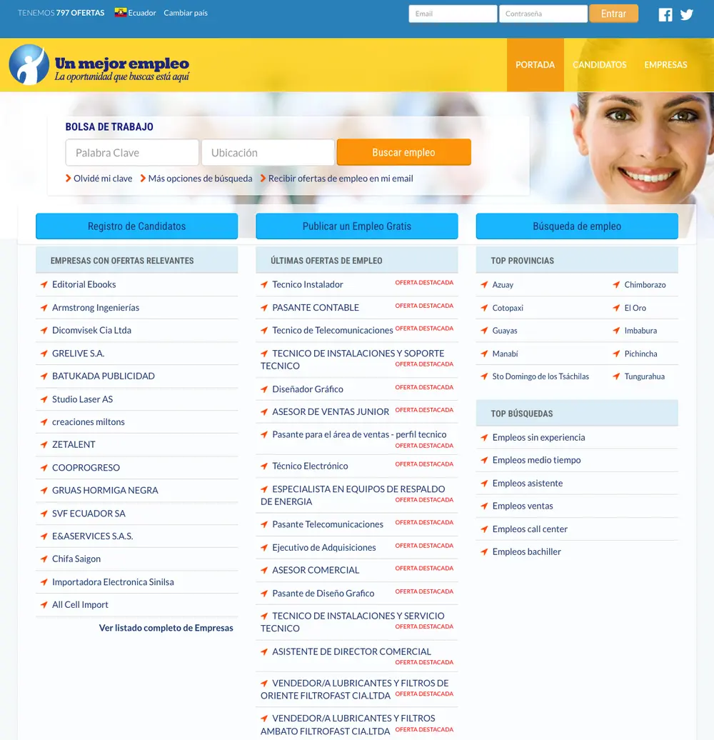 Un Mejor Empleo job board platform screenshot showing job search interface