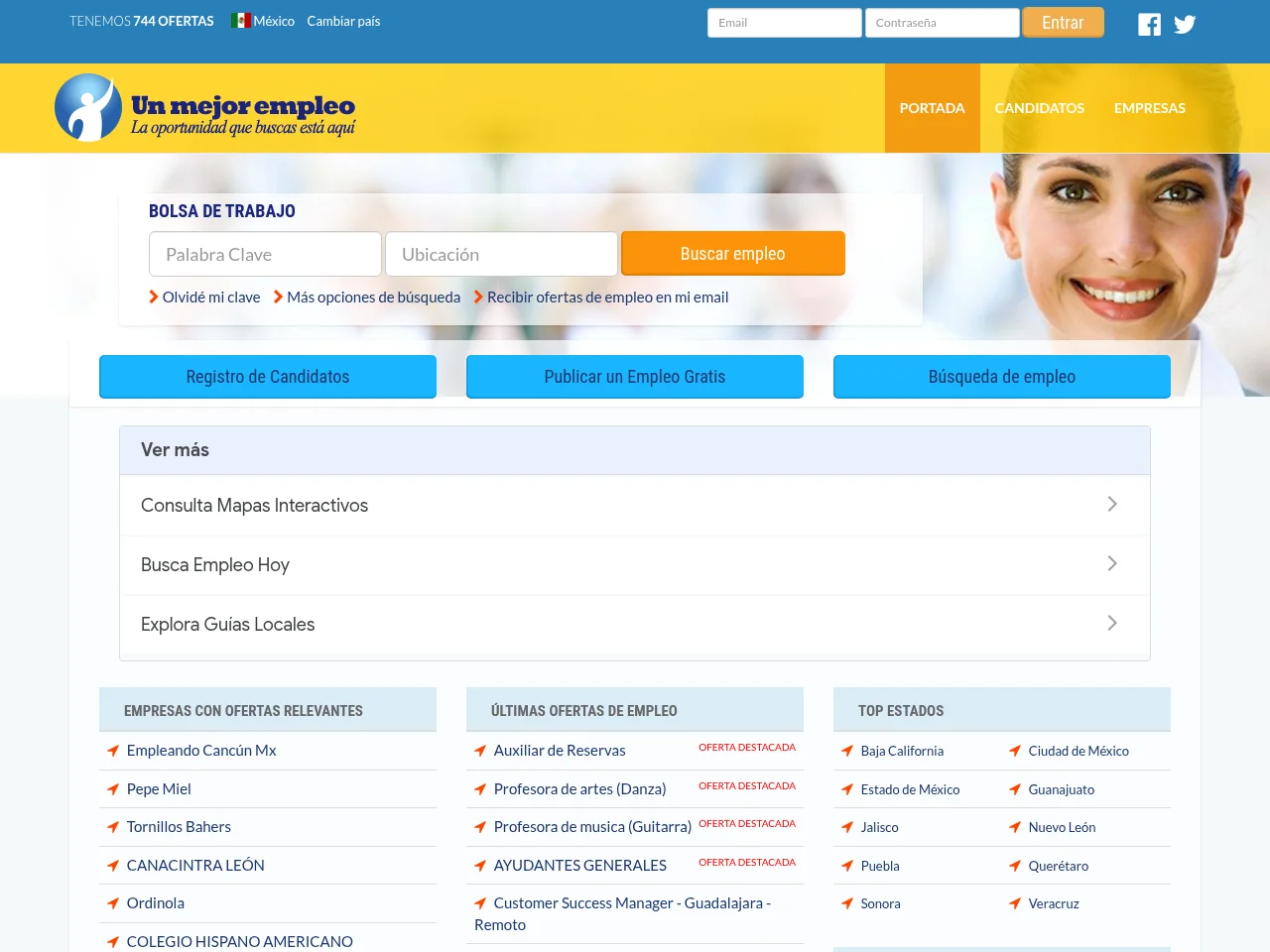 Un Mejor Empleo job board platform screenshot showing job search interface