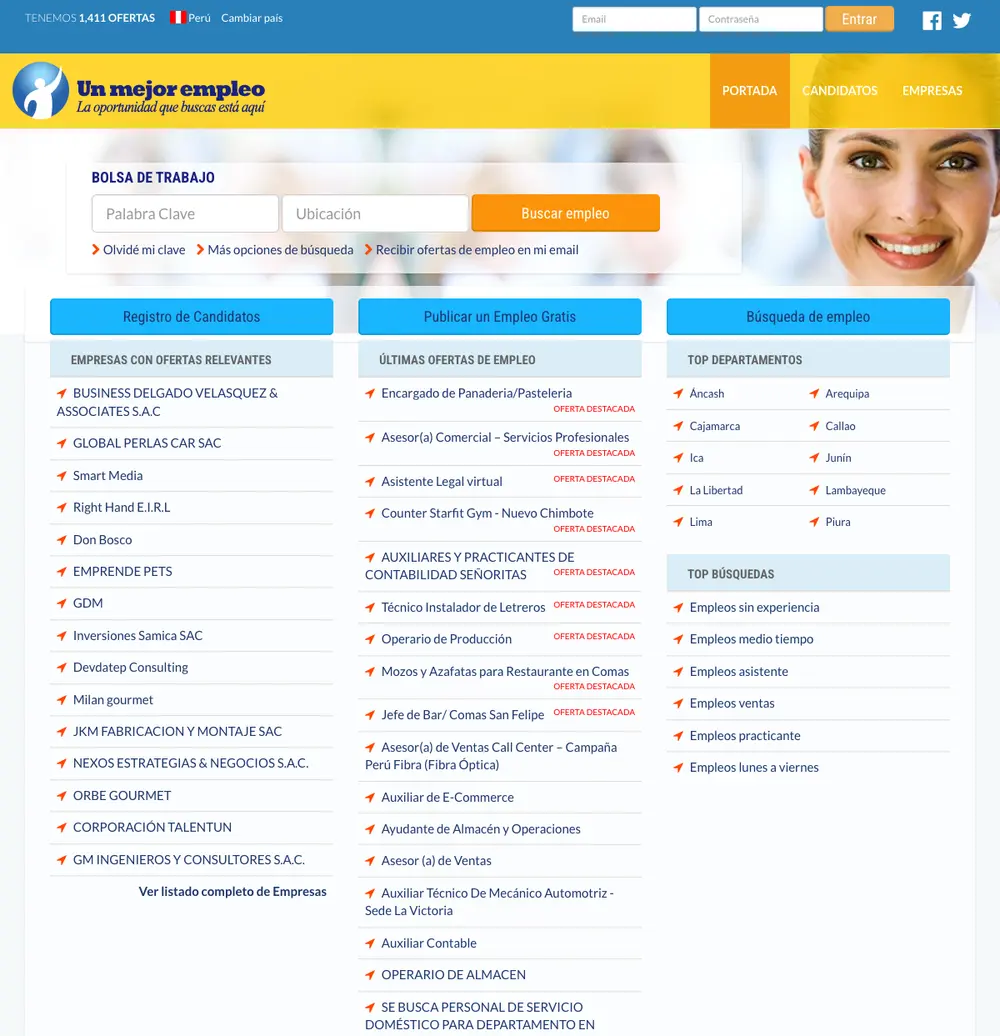 Un Mejor Empleo job board platform screenshot showing job search interface