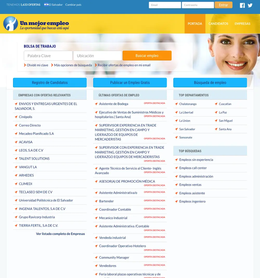 Un Mejor Empleo job board platform screenshot showing job search interface