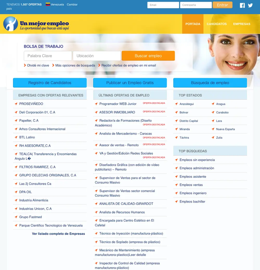 Un Mejor Empleo job board platform screenshot showing job search interface