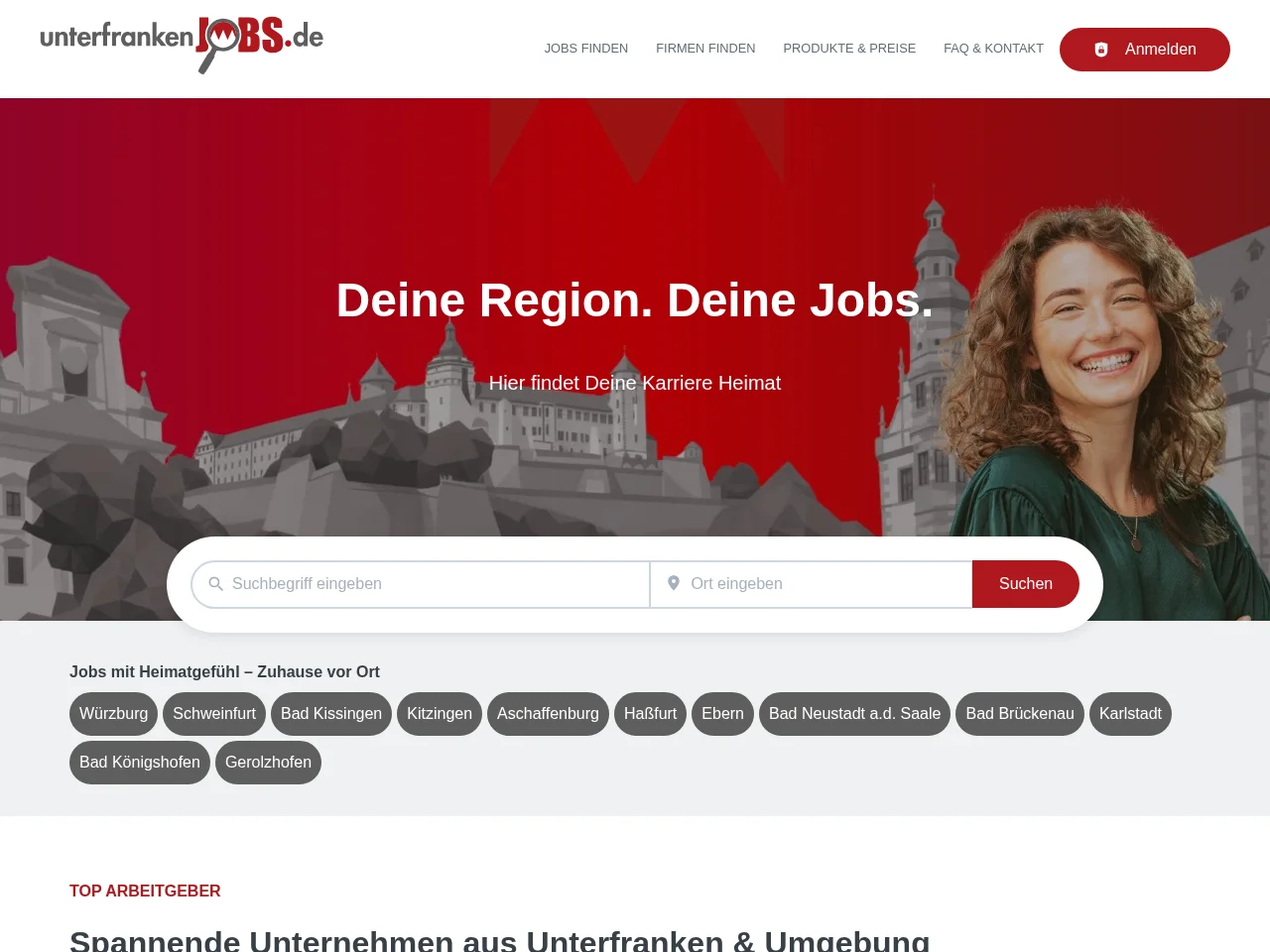 unterfrankenJOBS.de job board platform screenshot showing job search interface