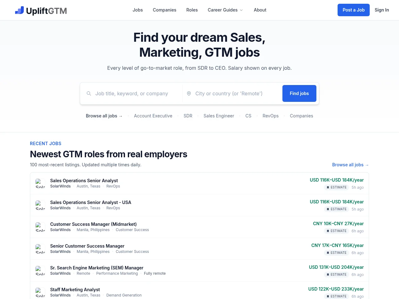 UpliftGTM job board platform screenshot showing job search interface