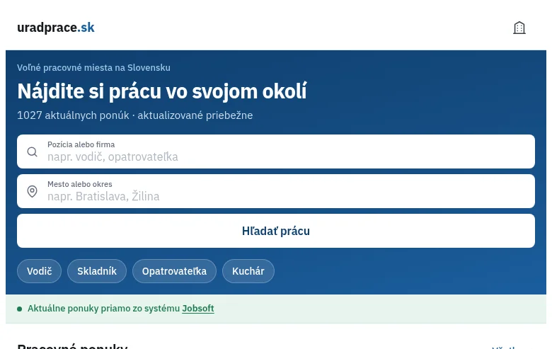 uradprace.sk job board platform screenshot showing job search interface