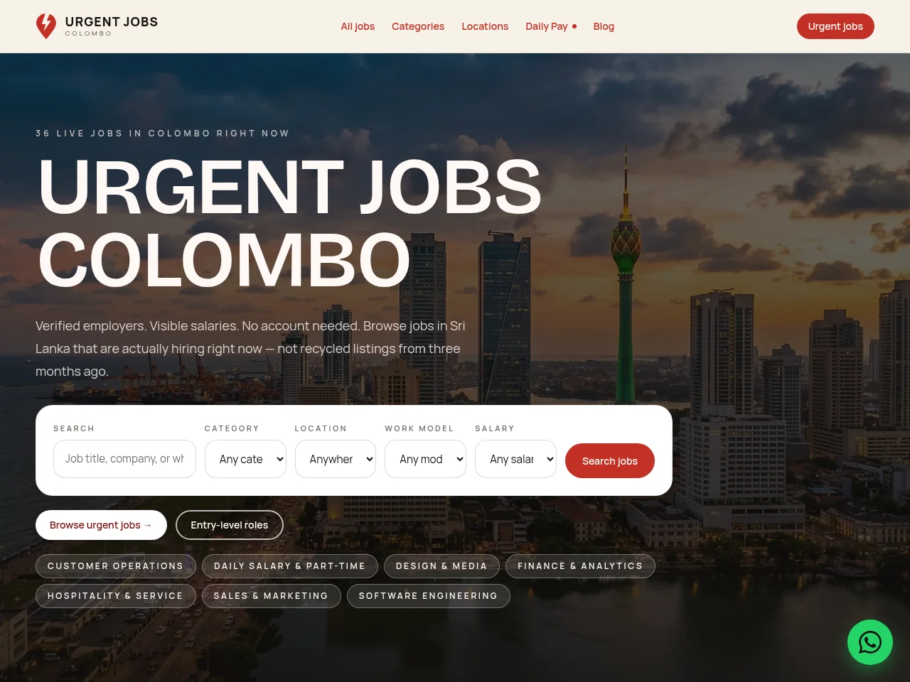 UrgentJobsColombo job board platform screenshot showing job search interface