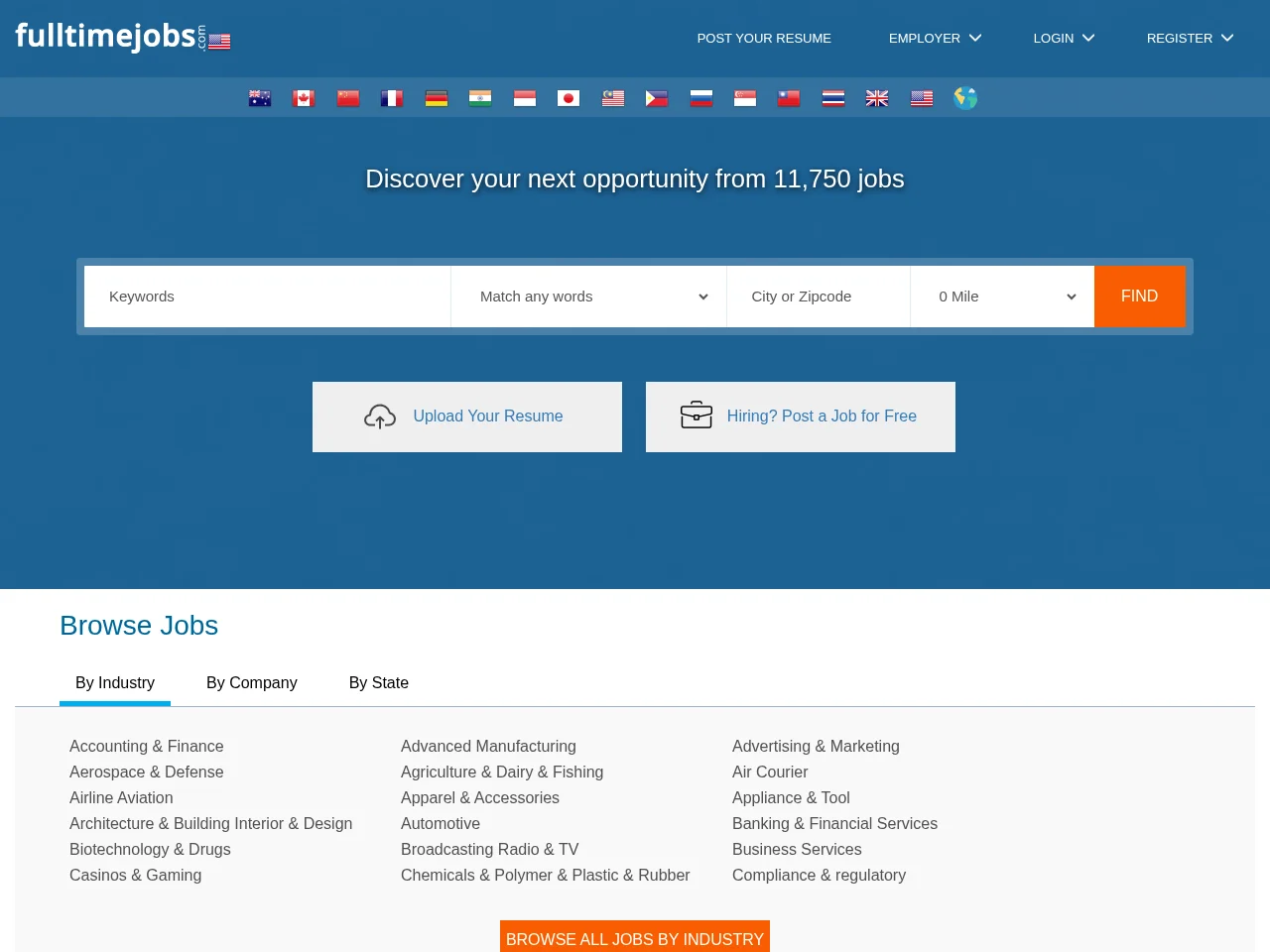 Full Time Jobs job board platform screenshot showing job search interface
