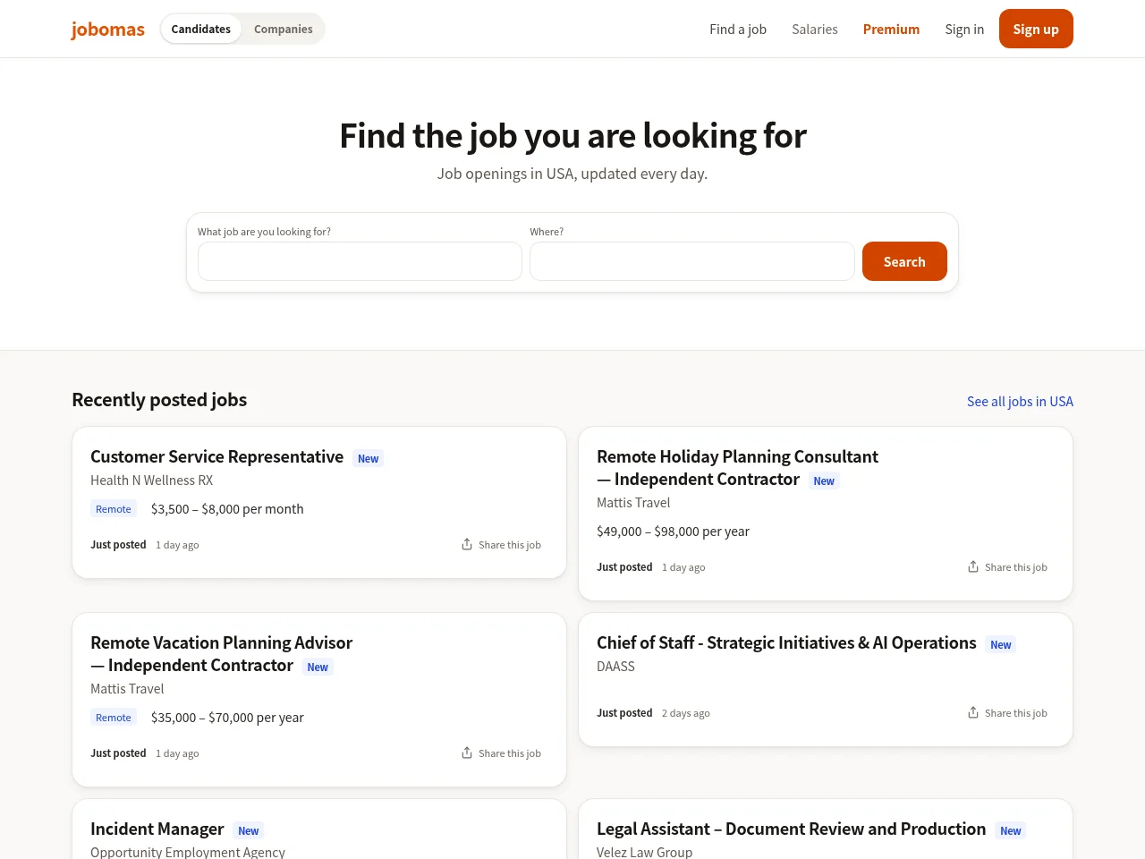Jobomas job board platform screenshot showing job search interface
