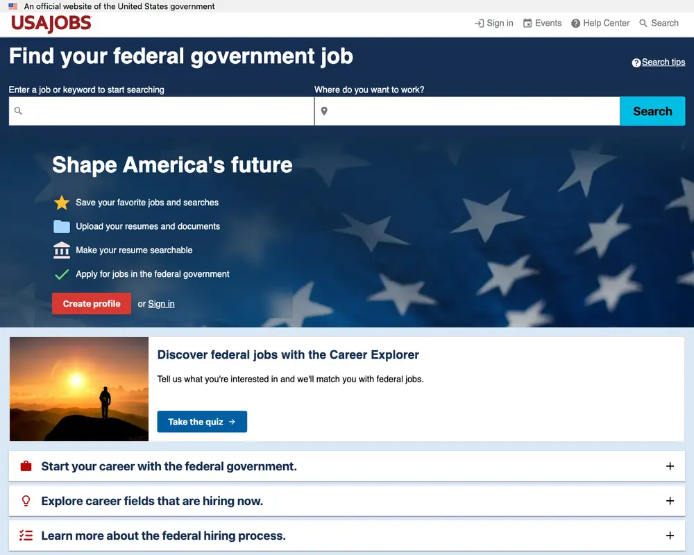 USAJOBS job board platform screenshot showing job search interface