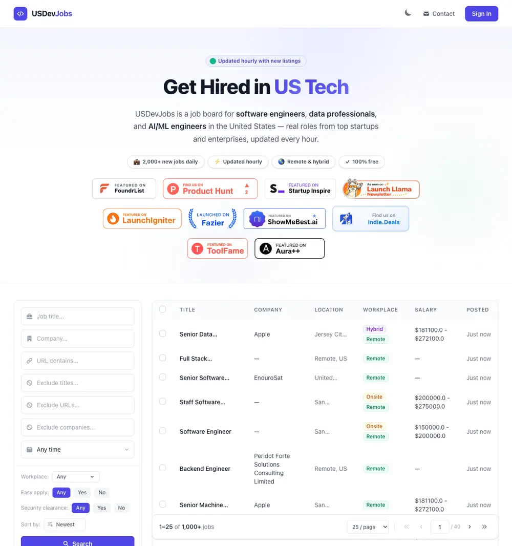 USDevJobs job board platform screenshot showing job search interface