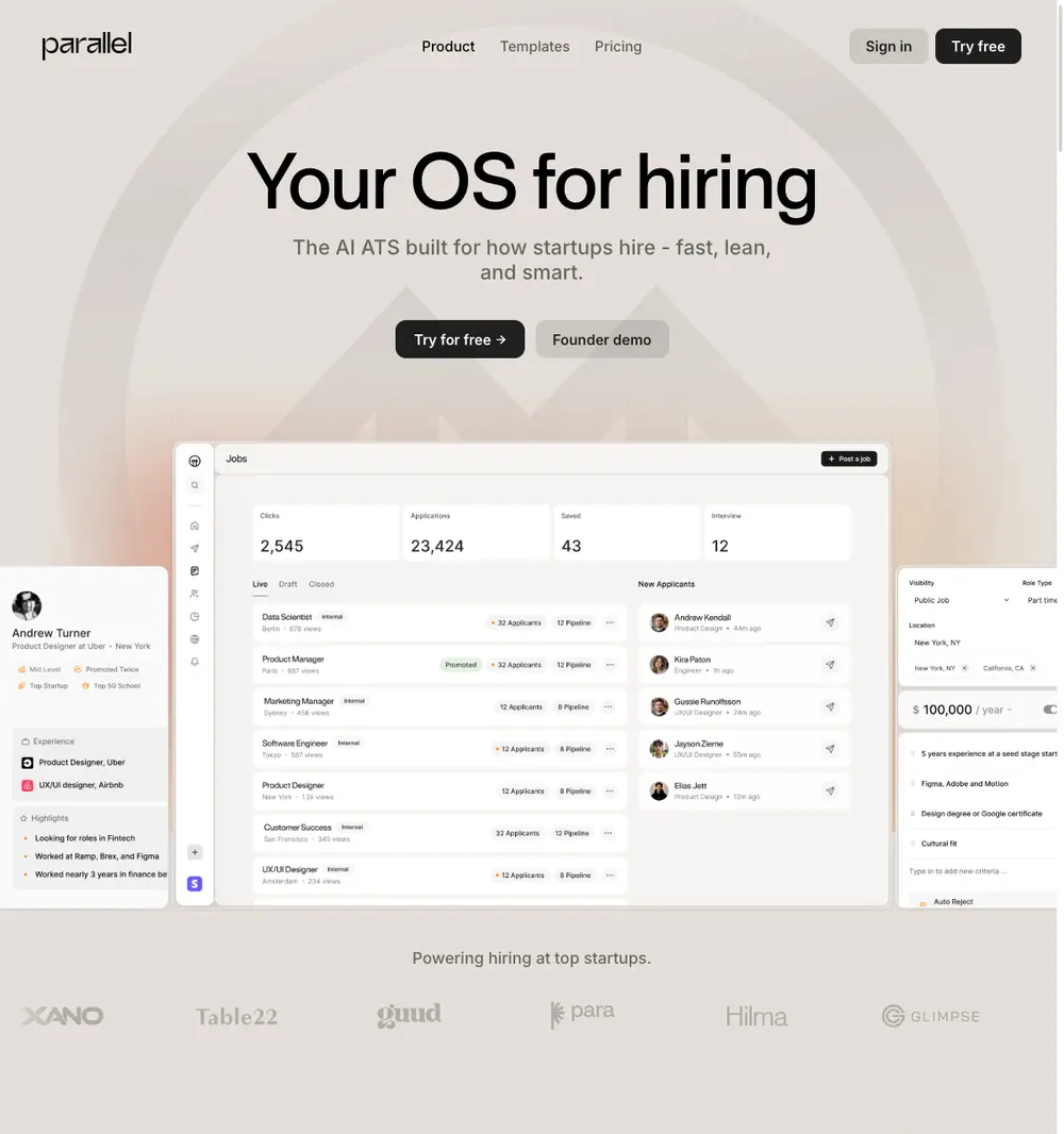 Parallel job board platform screenshot showing job search interface