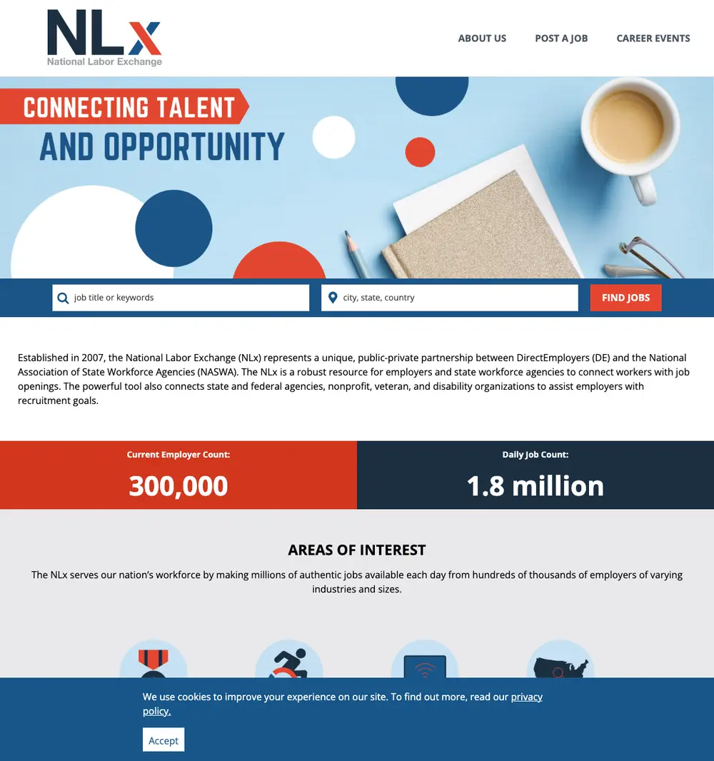 US National Labor Exchange job board platform screenshot showing job search interface