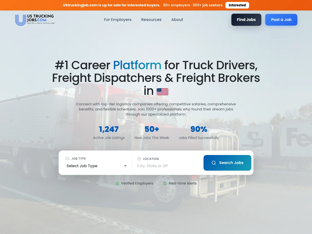 US Trucking Job job board platform screenshot showing job search interface