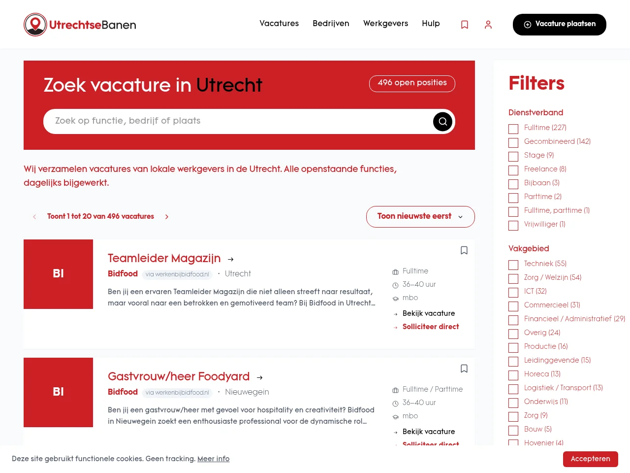 Utregse Banen job board platform screenshot showing job search interface