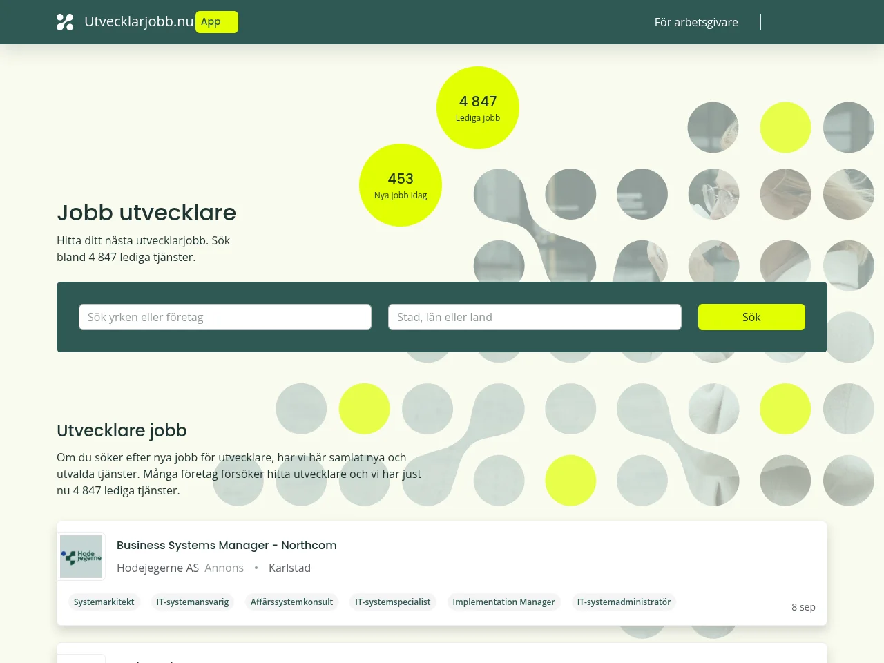utvecklarjobb.nu job board platform screenshot showing job search interface