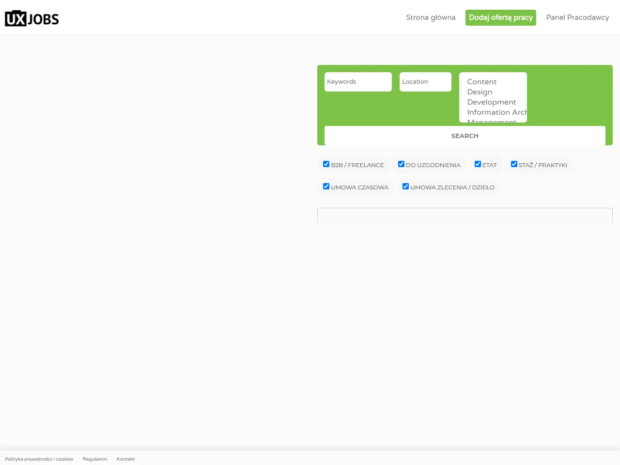 UX Jobs job board platform screenshot showing job search interface