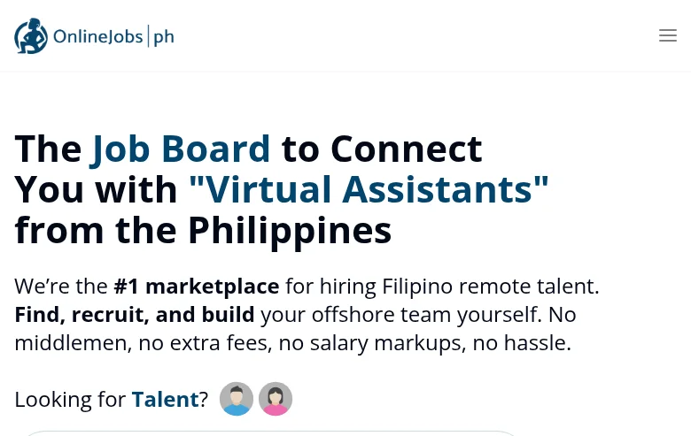 OnlineJobs.ph job board platform screenshot showing job search interface